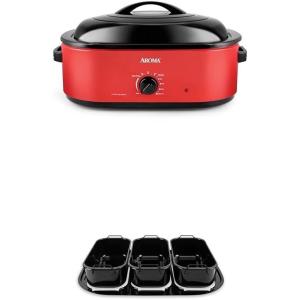 image:imageAROMA 18Qt Roaster Oven and Buffet Tray Bundle  Perfect for Slow Roasting Baking and Serving  Includes 18Qt Roaster Oven ART718R and 3Compartment Buffet Server ART002